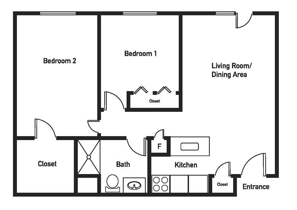 This is a floor plan of a two-bedroom apartment, featuring a kitchen, bathroom, living room, and dining area.