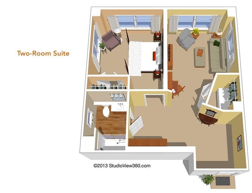 A 3D floor plan of a one-bedroom suite with living room, kitchen, and bathroom.
