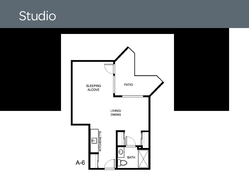 Studio apartment floor plan layout.