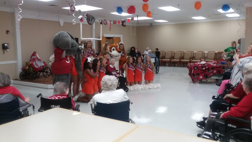 A lively community event featuring cheerleaders and a mascot, engaging with attendees.