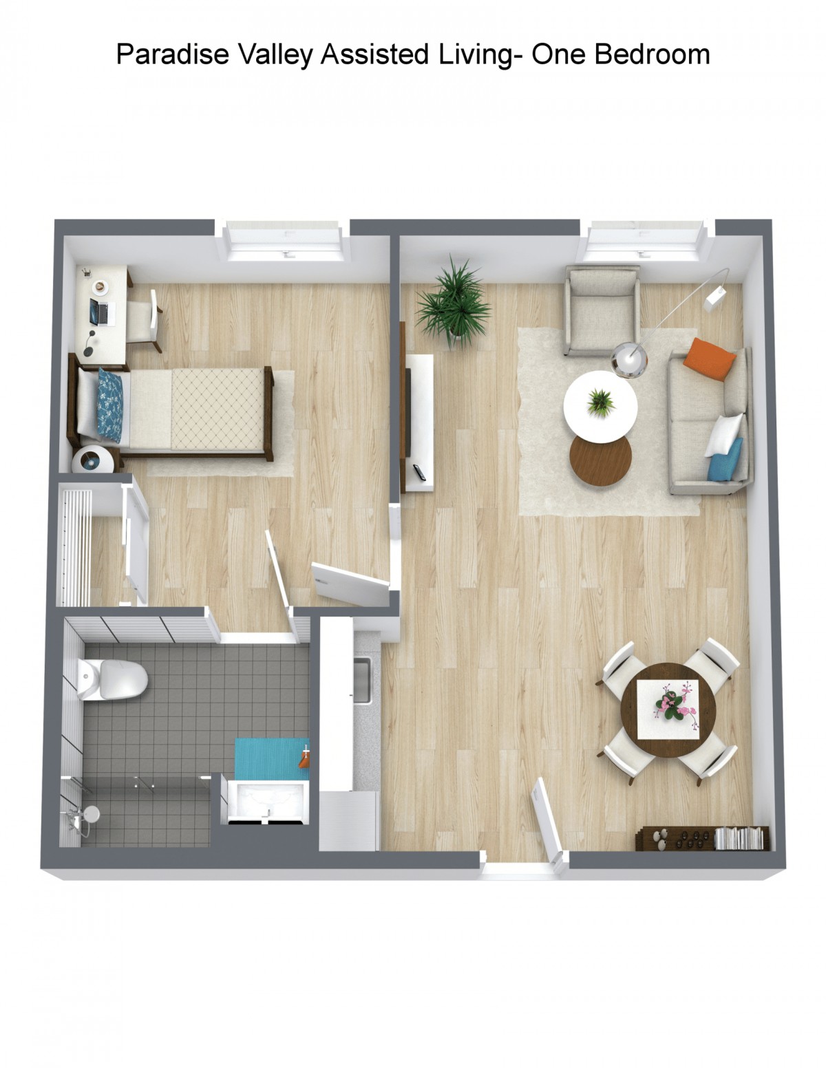 A 3D floor plan of a one-bedroom apartment featuring a living room, kitchen, and bathroom.
