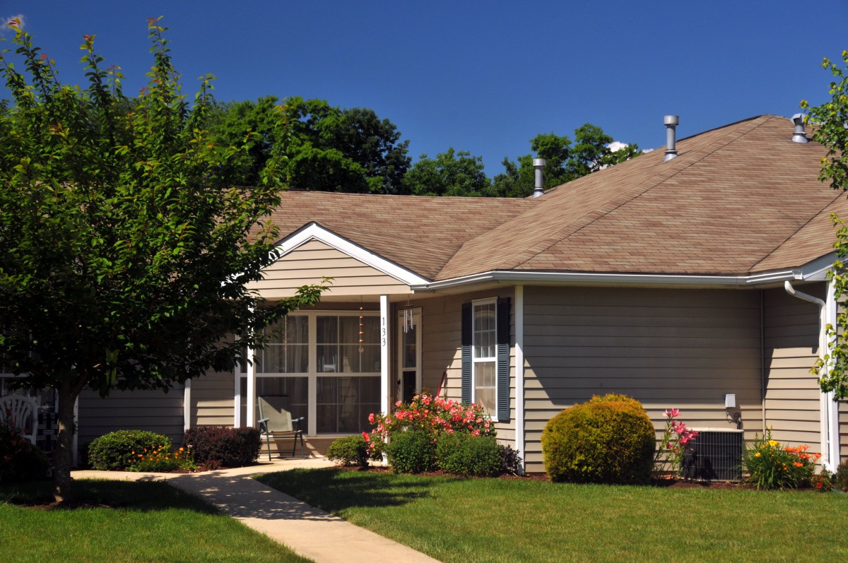 A suburban house with a well-maintained garden and clear blue sky.