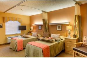 A hospital room with two comfortable beds, each equipped with a lamp and a privacy curtain.