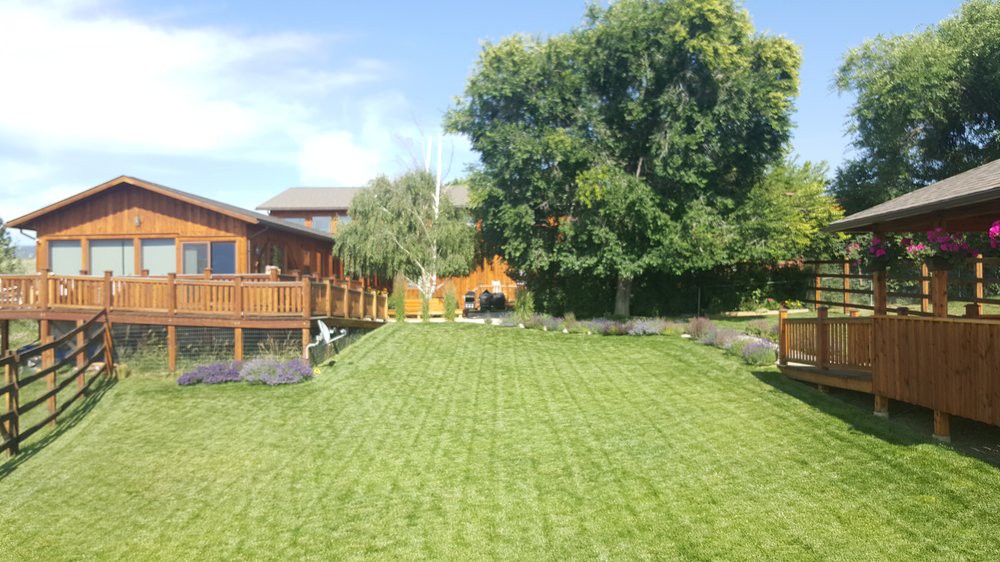 A well-maintained garden with a spacious lawn and trees surrounding a wooden house on a sunny day.