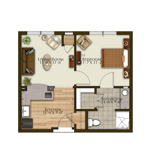 A detailed floor plan of a small apartment featuring a living room, kitchen, bedroom, and bathroom.