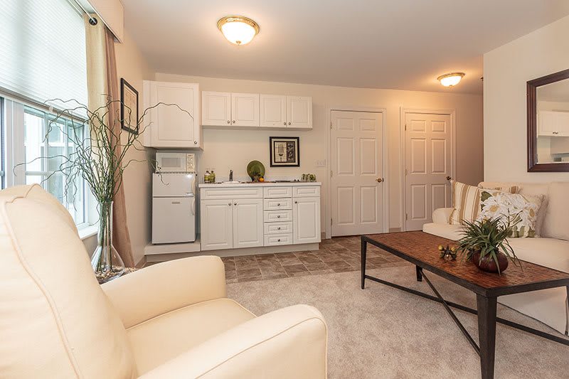 A cozy living room with modern decor, featuring a small kitchenette and comfortable seating.
