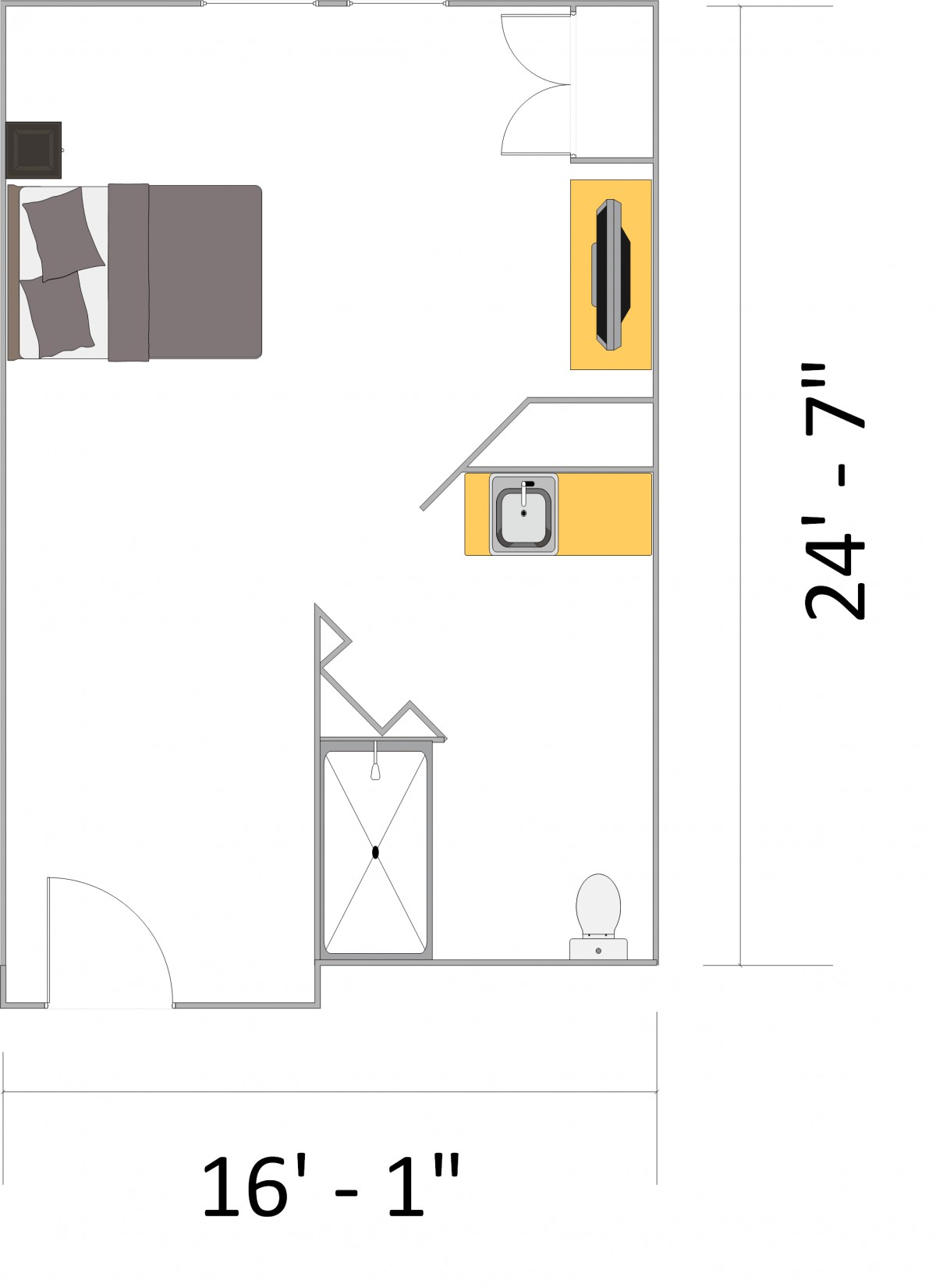 A floor plan showing the layout of a room with a bed, bathroom, and closet area.