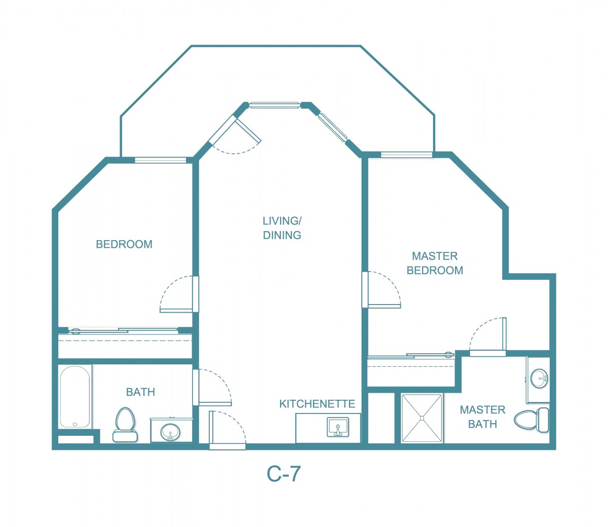 A floor plan of an apartment featuring two bedrooms, a living room, a kitchen, and two bathrooms.