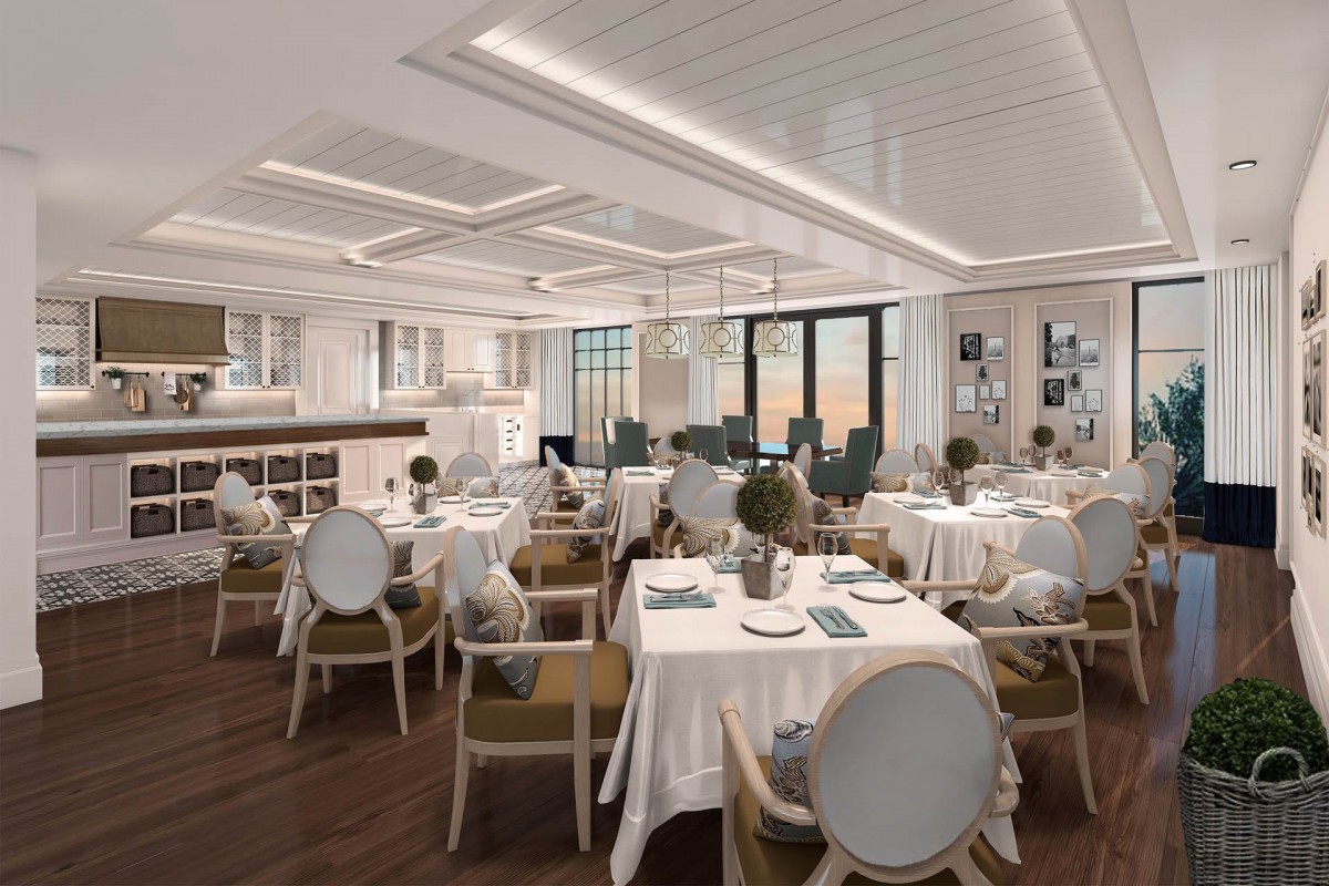 Elegant and modern restaurant dining area with neatly arranged tables and chairs.