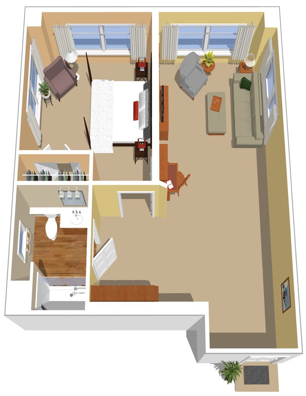 A 3D floor plan of a one-bedroom apartment featuring a living room, kitchen, and bathroom.