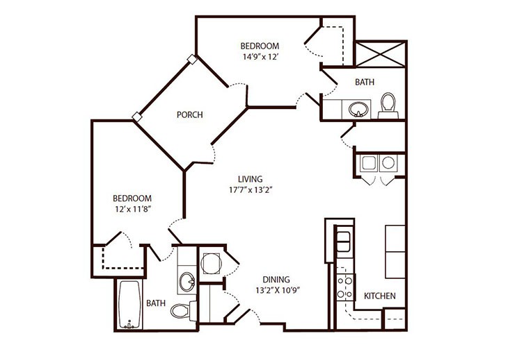 A floor plan of a two-bedroom apartment featuring two bathrooms, a kitchen, dining area, living room, and porch.