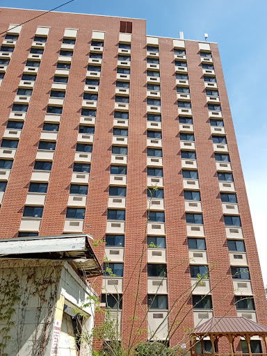 A tall brick building with numerous windows under a clear blue sky.