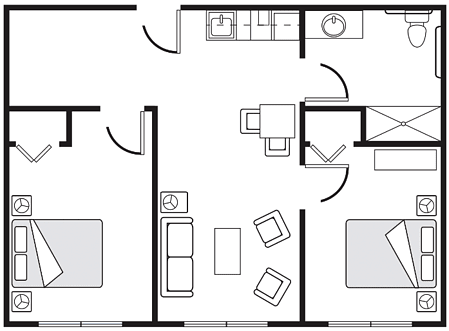 A floor plan of an apartment showing the layout of rooms and furniture.