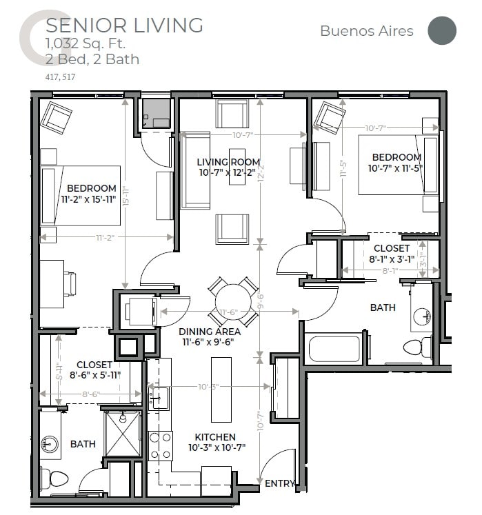 Detailed floor plan of a senior living apartment with two bedrooms and a living area.