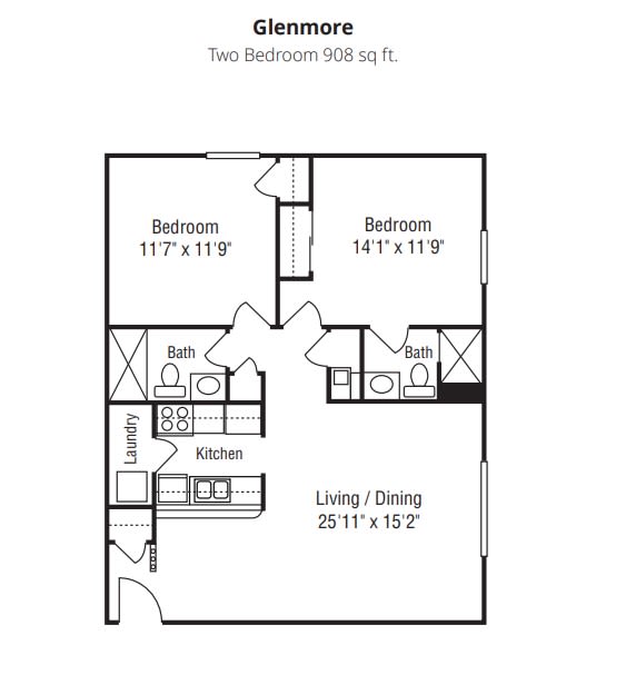 Two-bedroom apartment floor plan with living/dining area and kitchen.