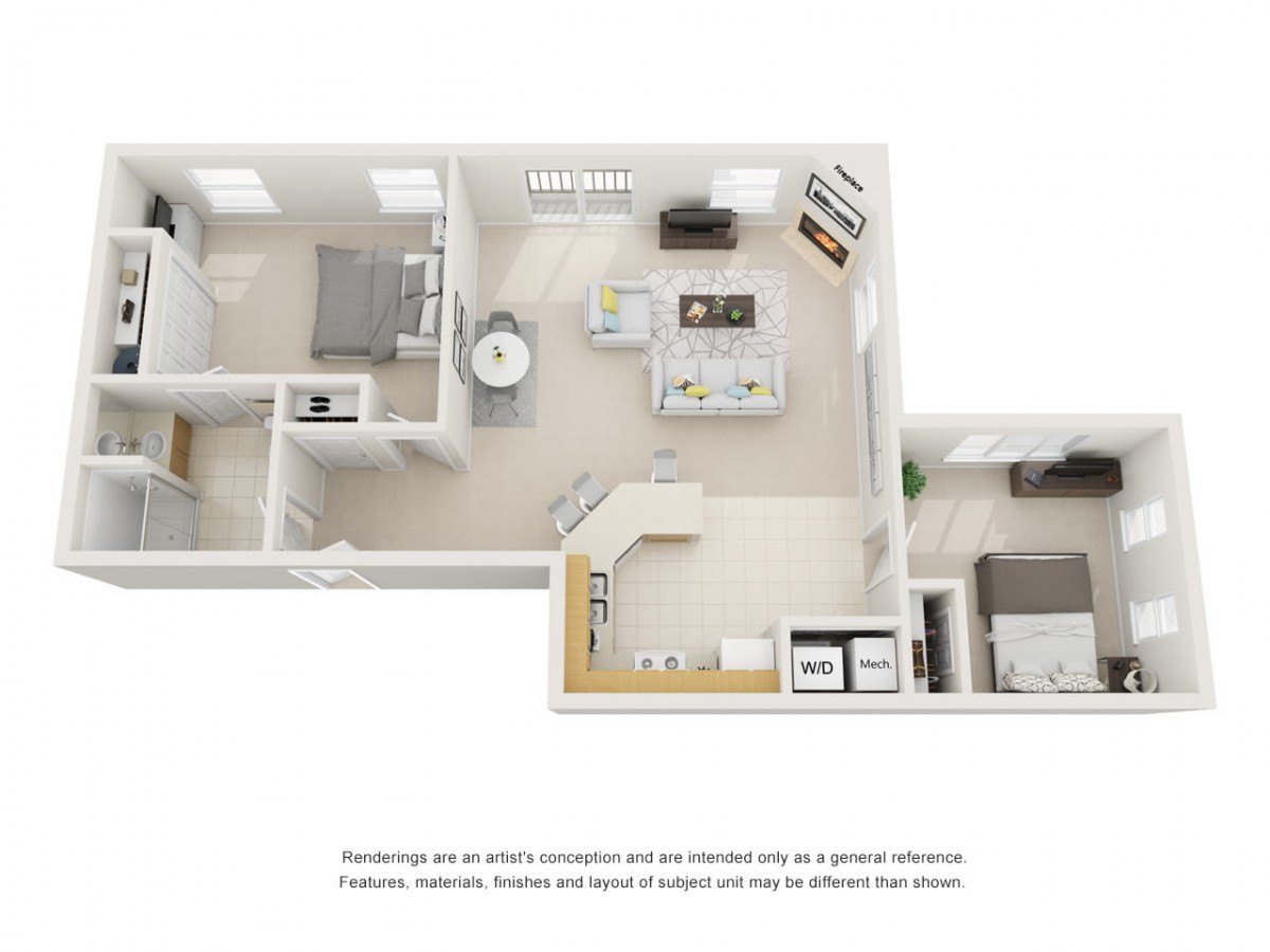 A 3D floor plan rendering showcasing a modern apartment layout with designated areas for the living room, kitchen, and bedroom.
