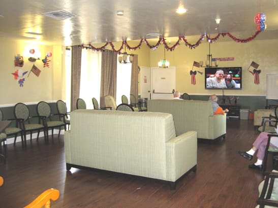 A cozy living room with sofas, a television, and festive decorations.