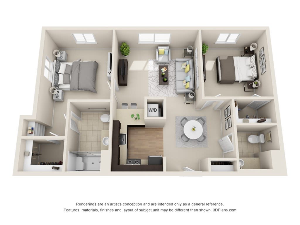 A 3D floor plan of a two-bedroom apartment featuring a kitchen, living room, and bathroom.