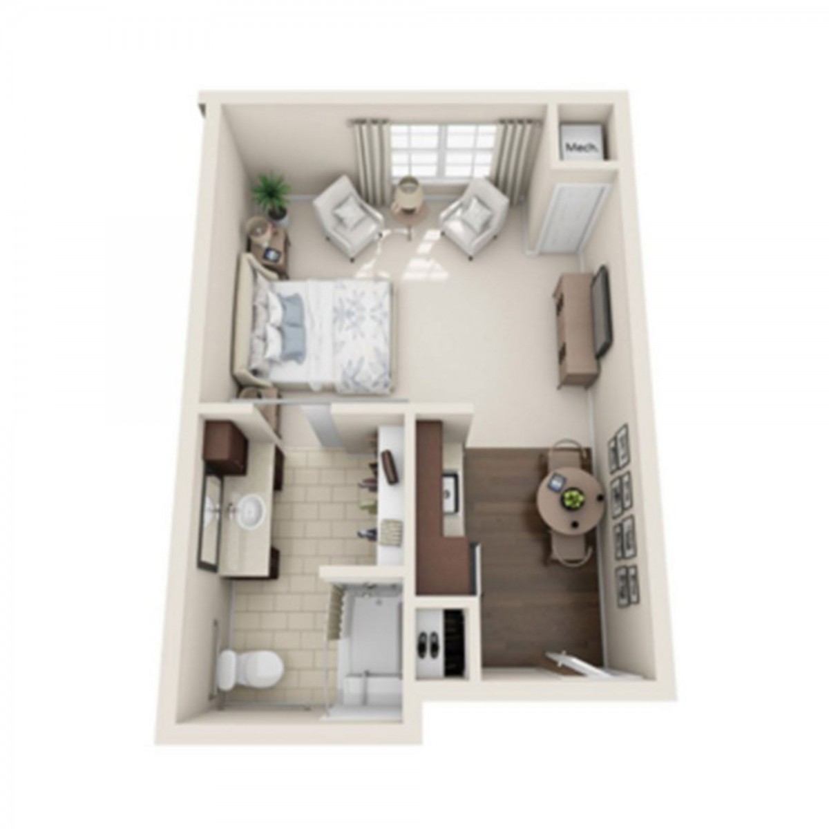 A 3D rendering of a cozy one-bedroom apartment floor plan with well-arranged furniture.
