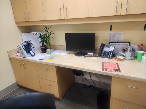 A neatly organized office desk featuring a computer, phone, and a small potted plant.