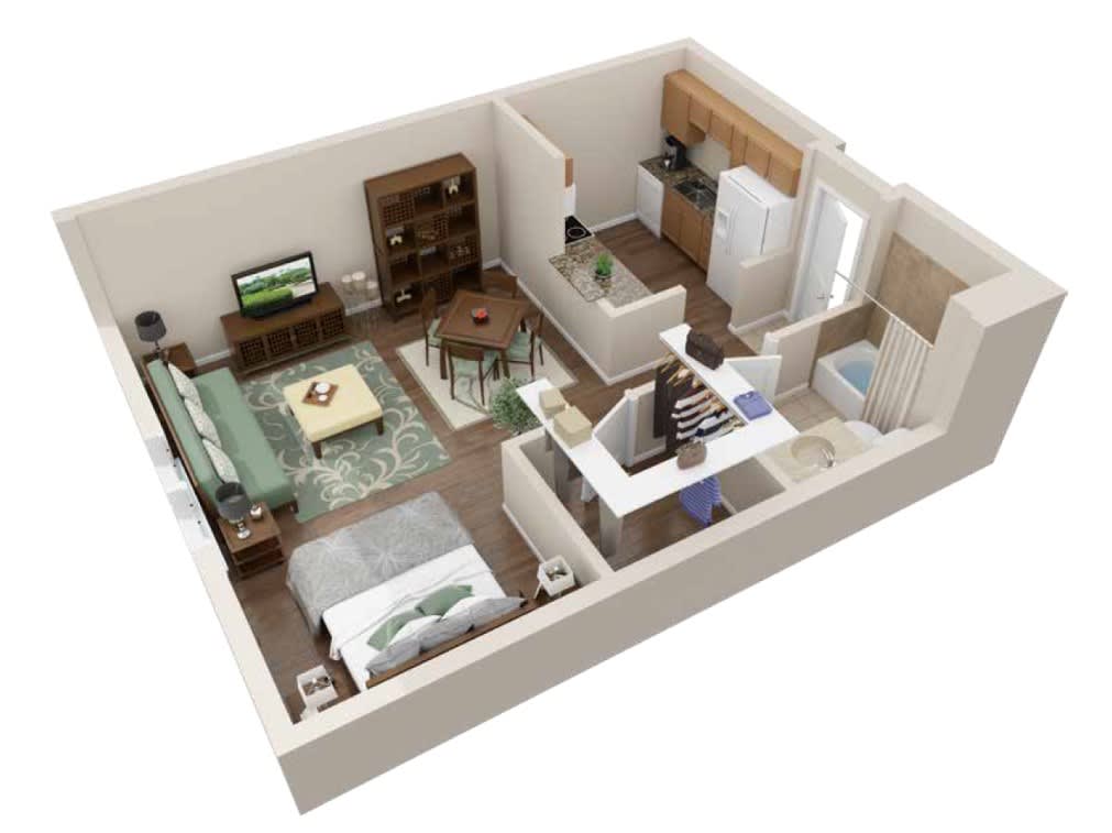 A 3D floor plan of a modern one-bedroom apartment with an open living area and kitchen.