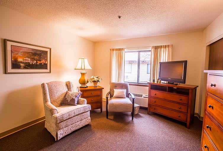 A cozy living room with two armchairs, a lamp, and a television near the window.