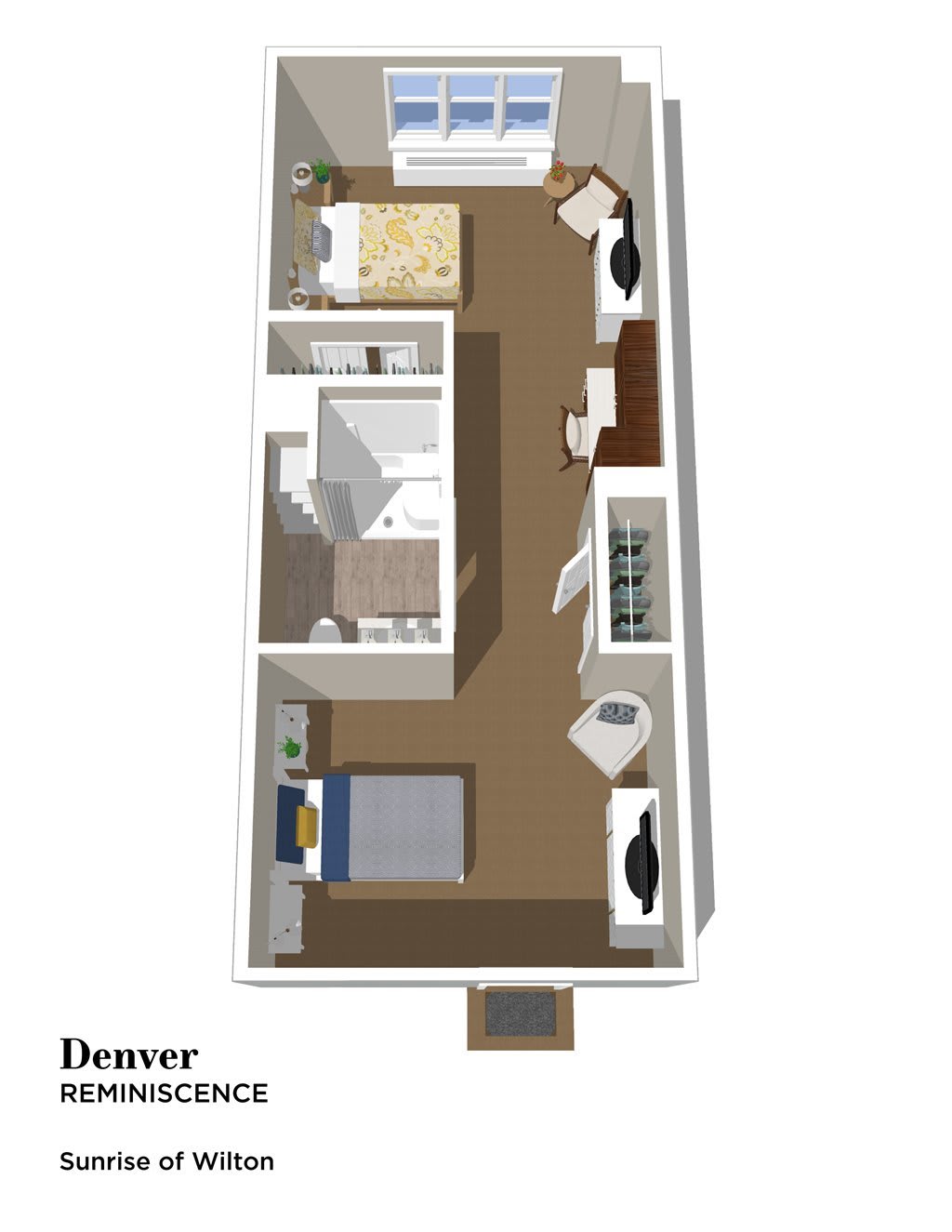 A 3D floor plan of an apartment showing the layout of rooms and furniture.