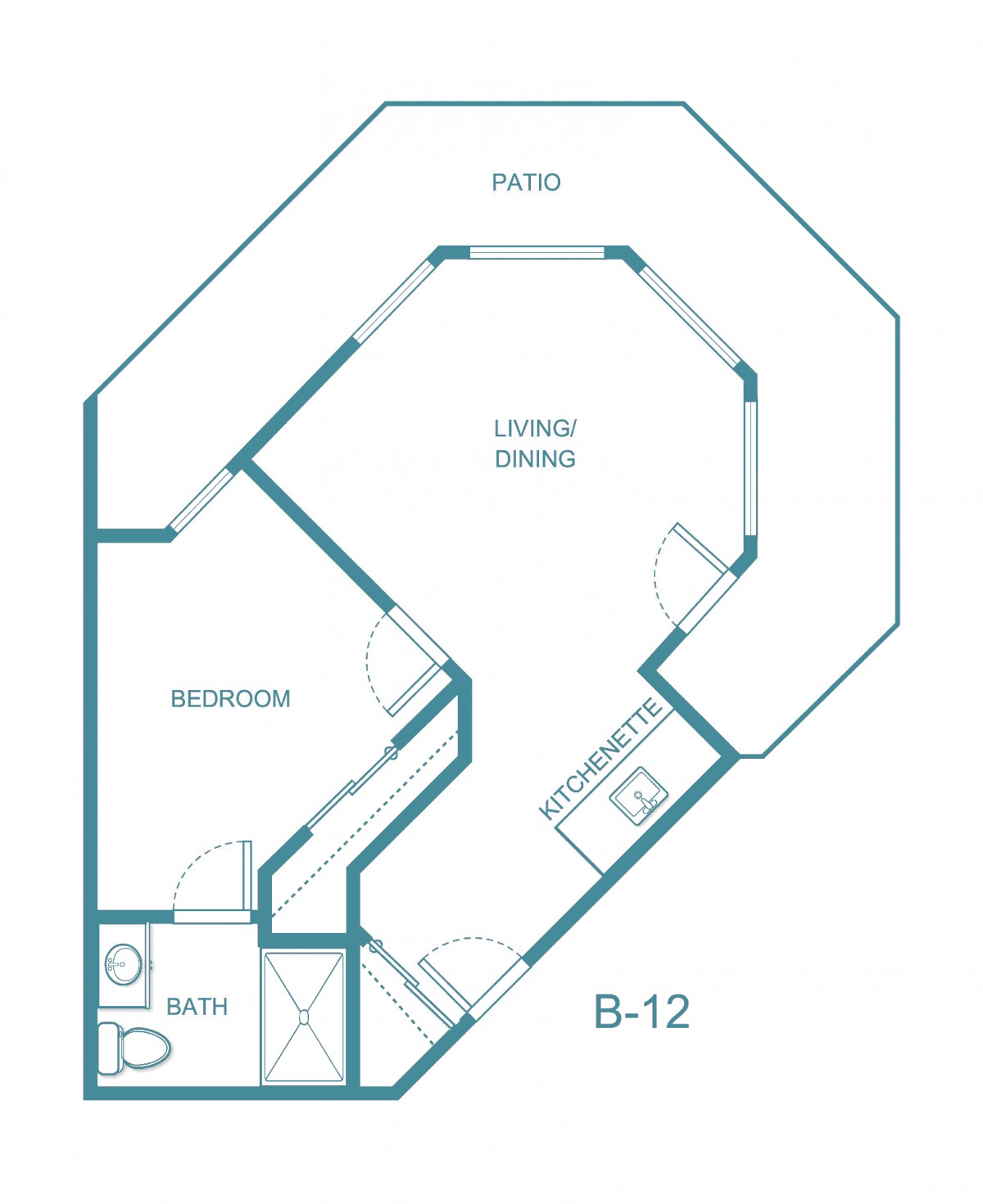 A floor plan of a one-bedroom apartment featuring a living/dining area, kitchen, bathroom, and patio.
