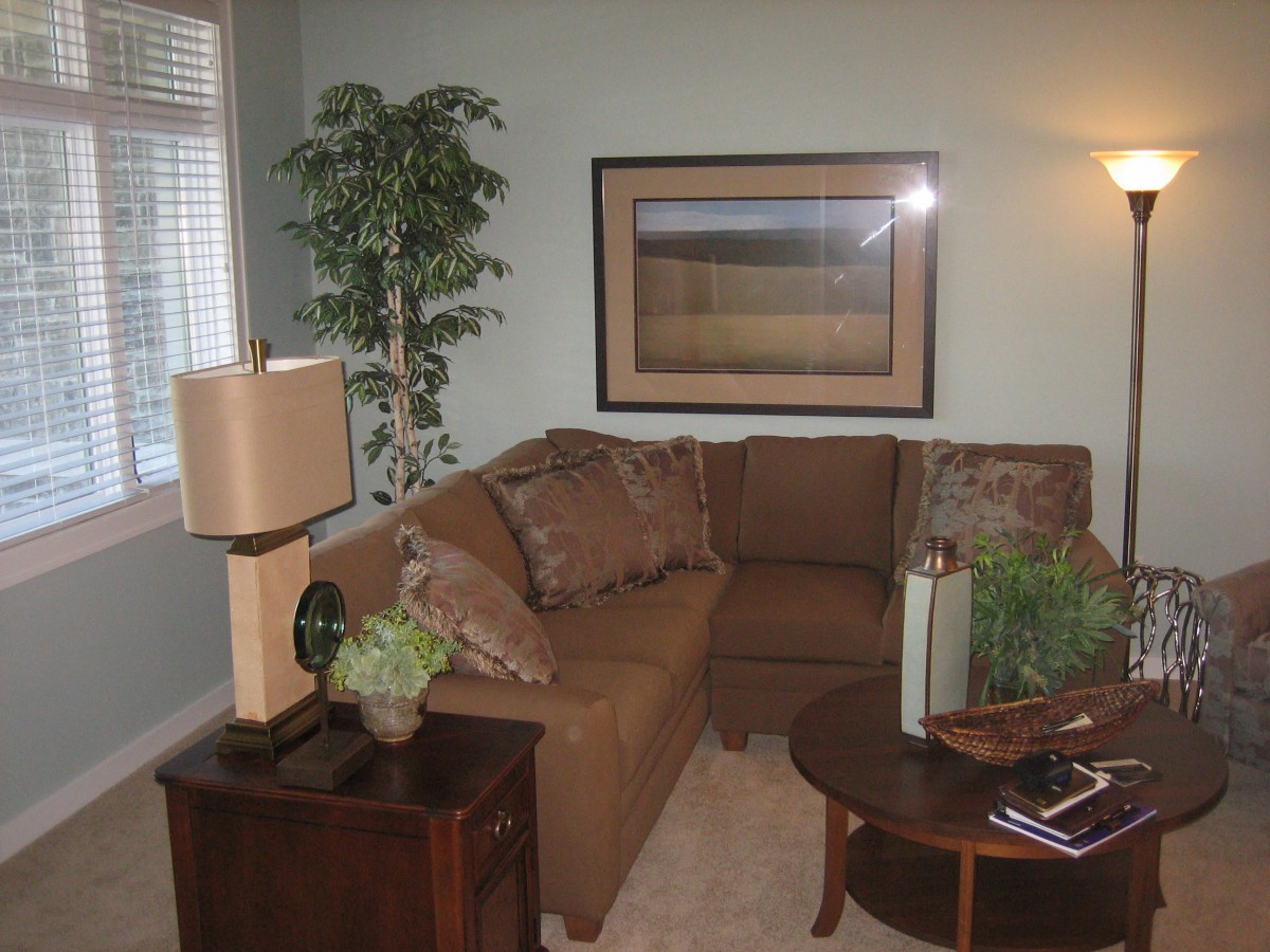 A cozy living room featuring a corner sofa, decorative plants, a lamp, and wall art.