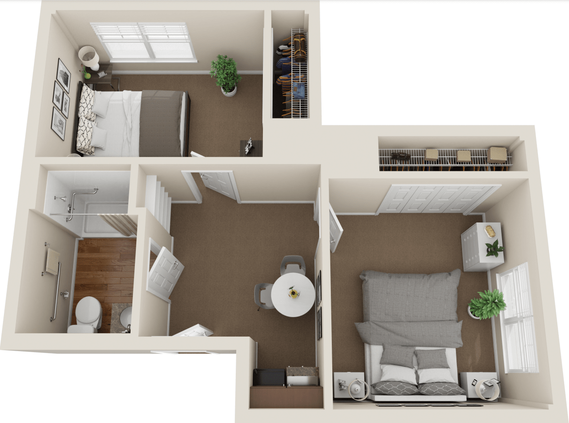 A 3D floor plan of a cozy one-bedroom apartment with a living room, kitchen, and bathroom.