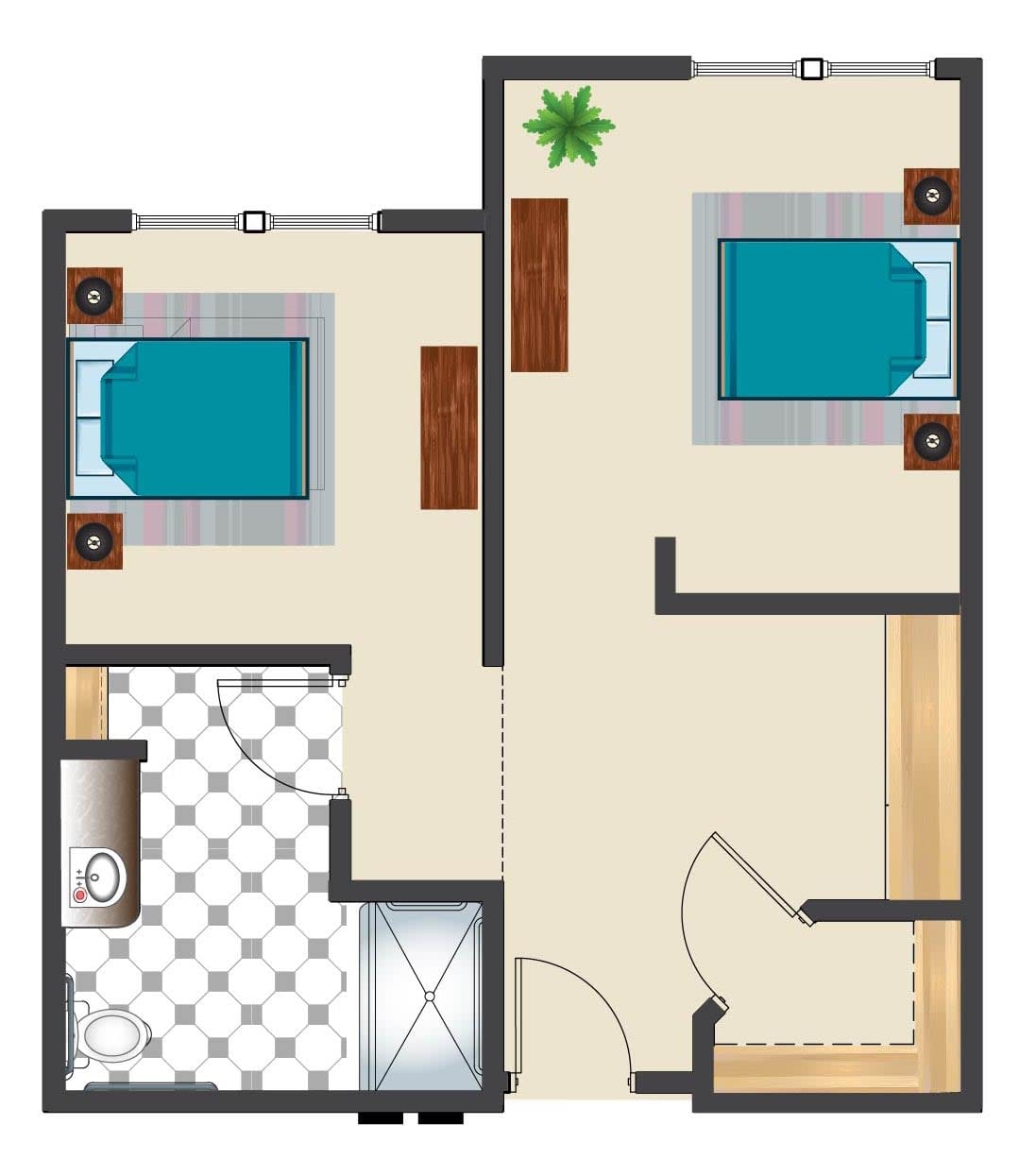 A simple floor plan depicting an apartment layout with two bedrooms and a bathroom.