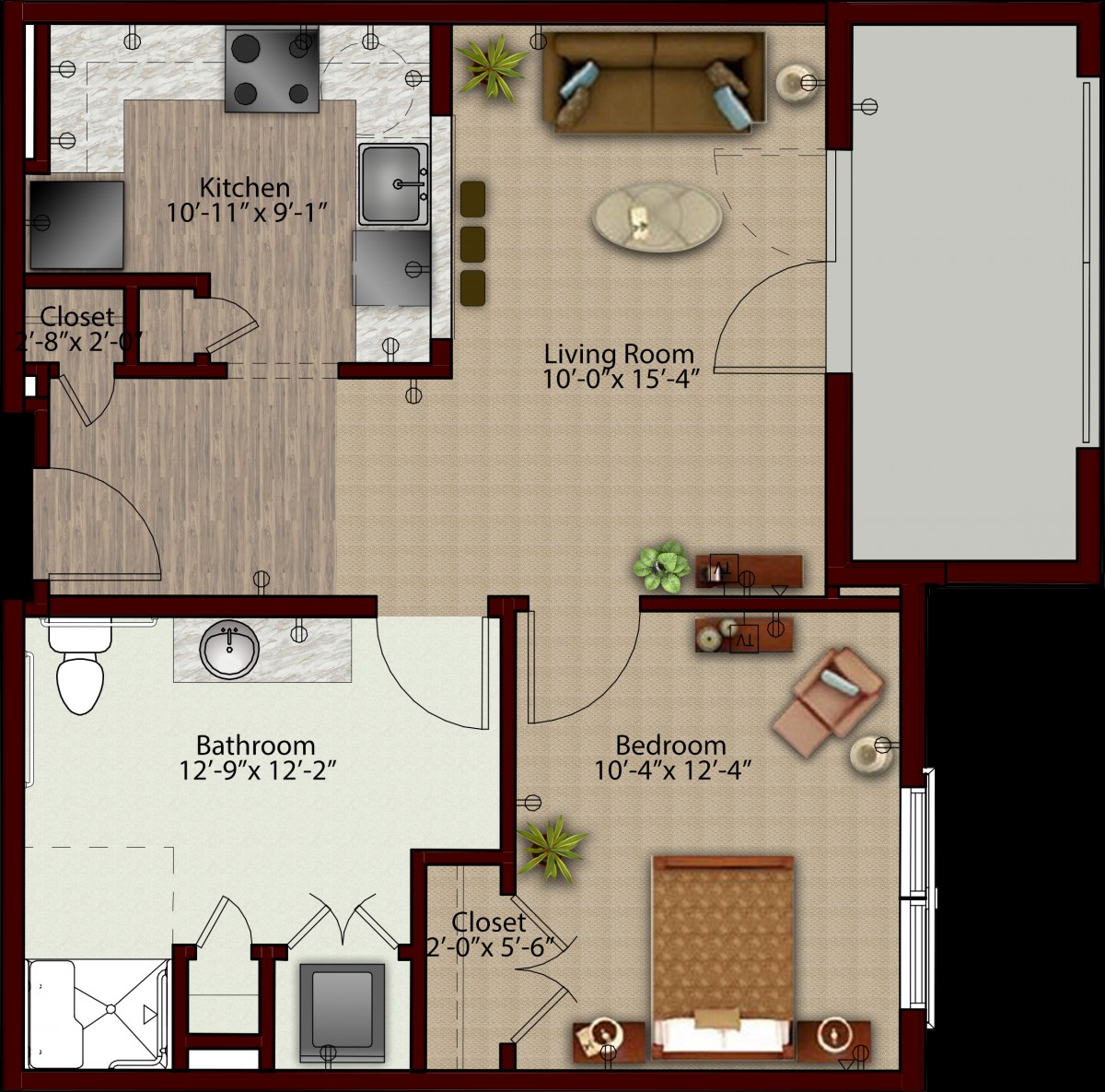A detailed floor plan of an apartment showing the arrangement of rooms and furniture.