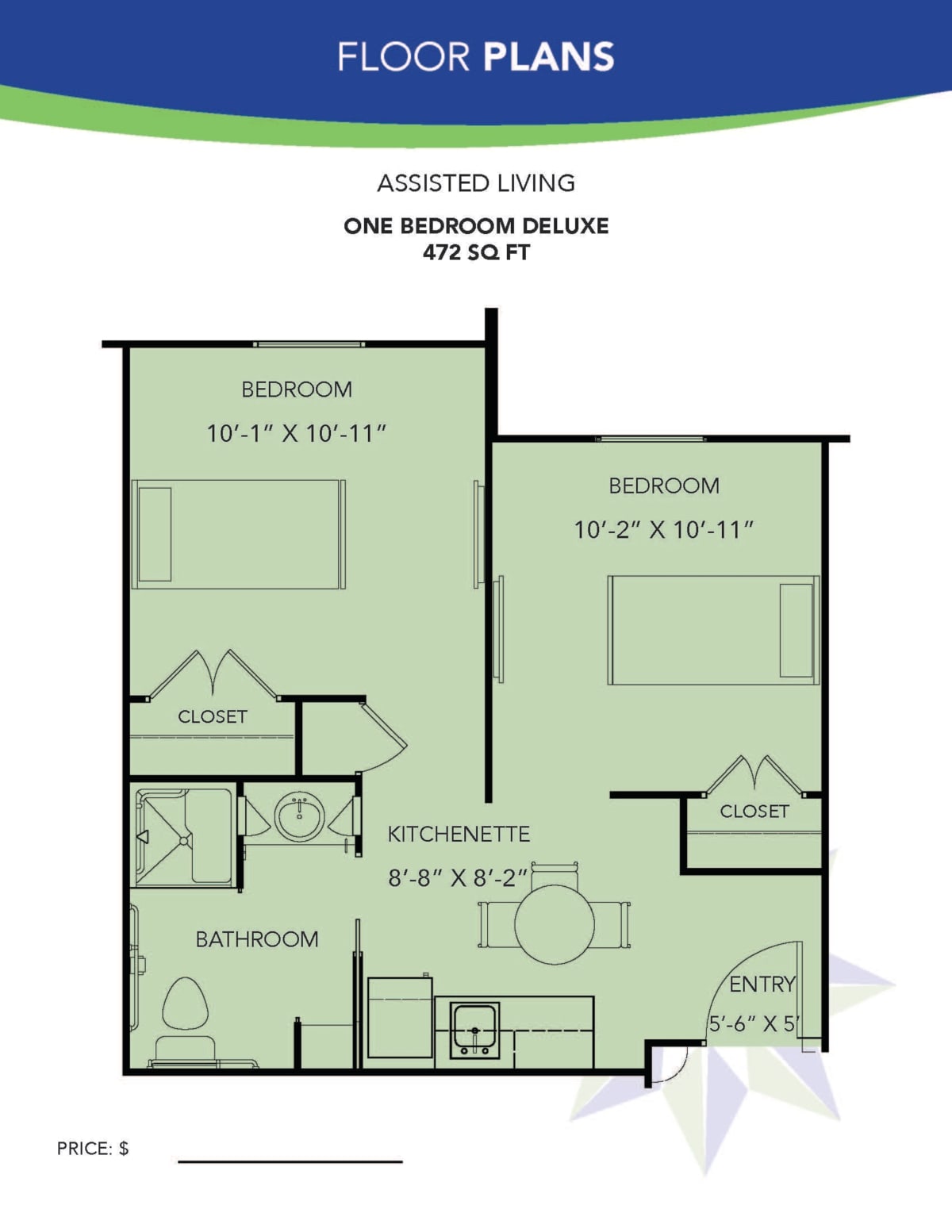 Floor plan of an assisted living one bedroom deluxe suite with a total area of 470 square feet.