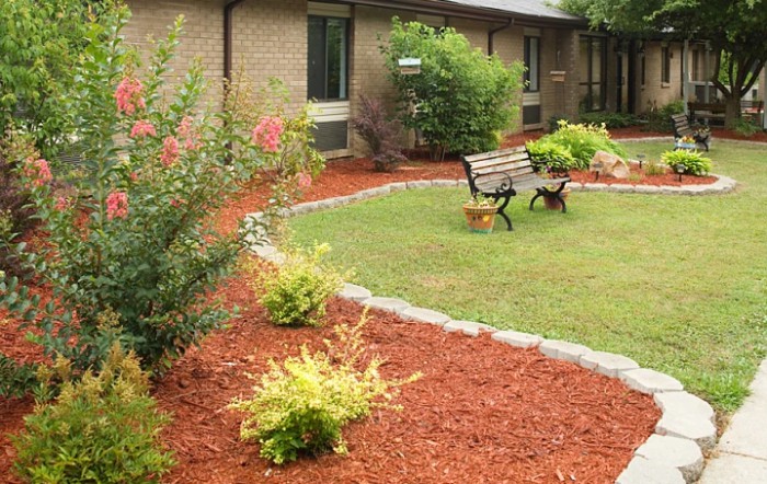 A landscaped garden with a bench surrounded by mulch, shrubs, and a lawn.