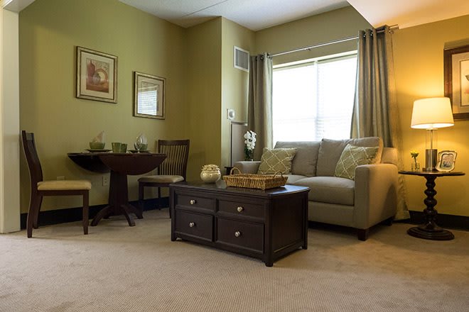 A cozy living room with a sofa, coffee table, and decorative elements.