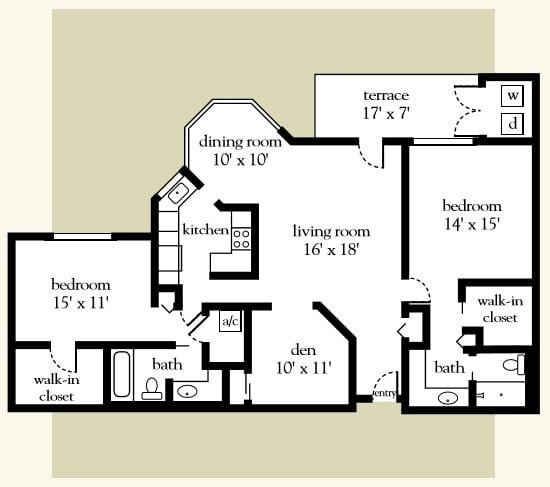 A detailed floor plan of an apartment showing various rooms and their dimensions.