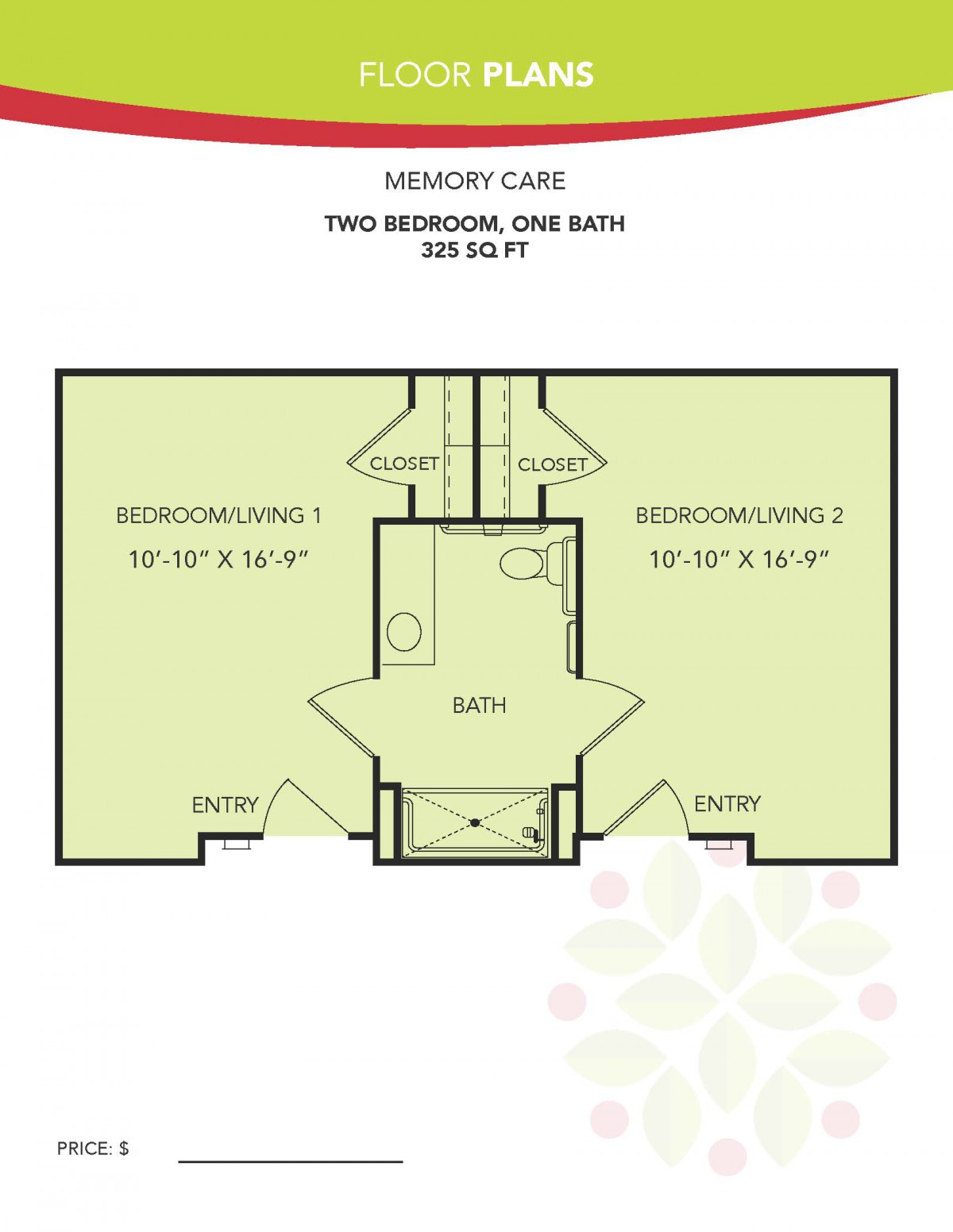 Floor plan of a memory care unit featuring two bedrooms and one bathroom.