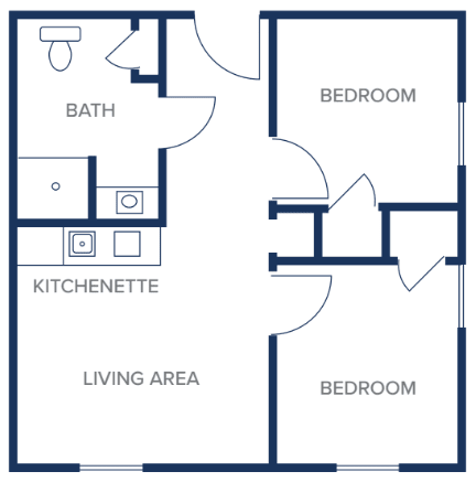 Simple floor plan of a two-bedroom apartment with a kitchenette and living area.