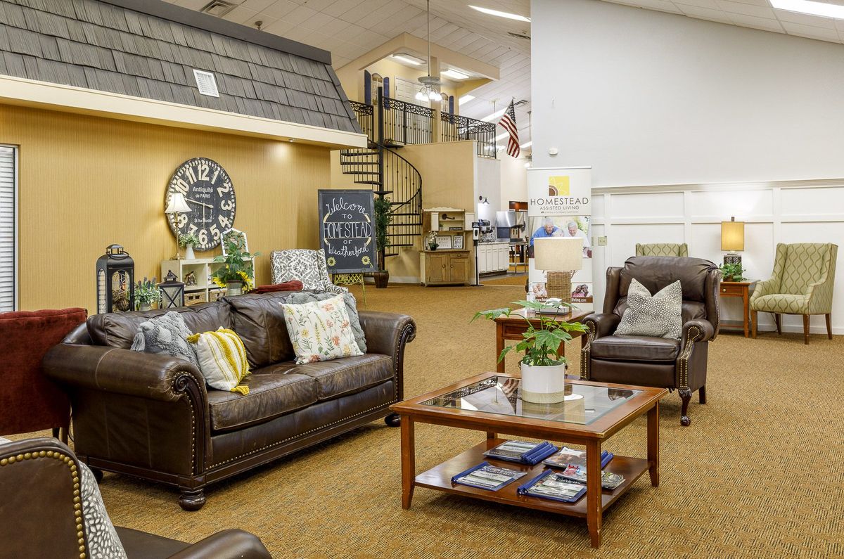 A cozy living room with leather sofas, a wooden coffee table, and decorative pillows.