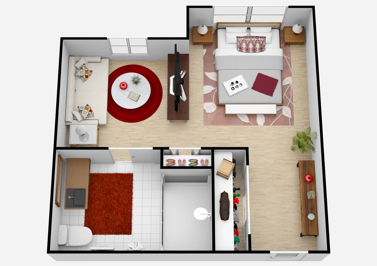 A 3D floor plan of a single-bedroom apartment featuring a living area, kitchen, and bathroom.