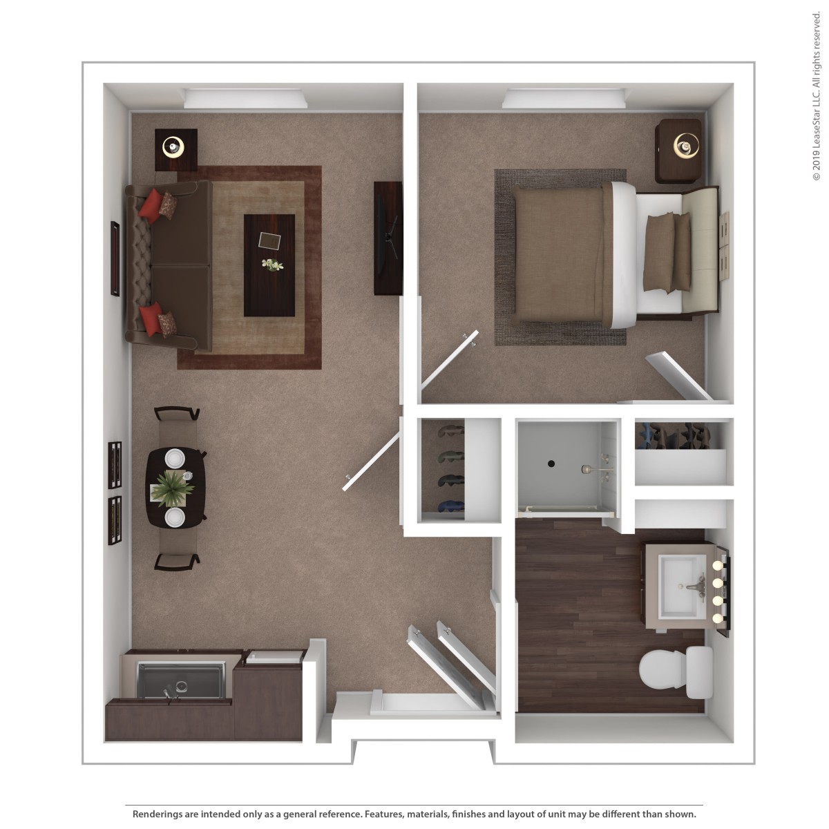 A 3D floor plan of a one-bedroom apartment featuring a living room, kitchen, bedroom, and bathroom.