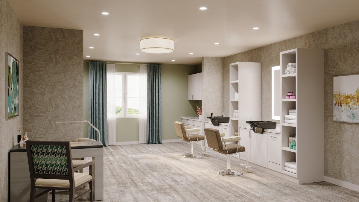 A modern and well-lit salon interior with stylish chairs and large windows.