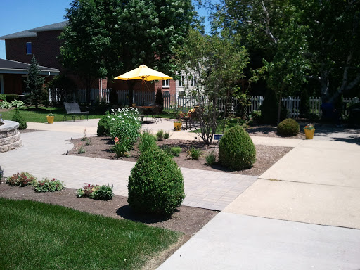 A well-maintained garden featuring a sunny yellow umbrella and neatly trimmed shrubs along a paved walkway.
