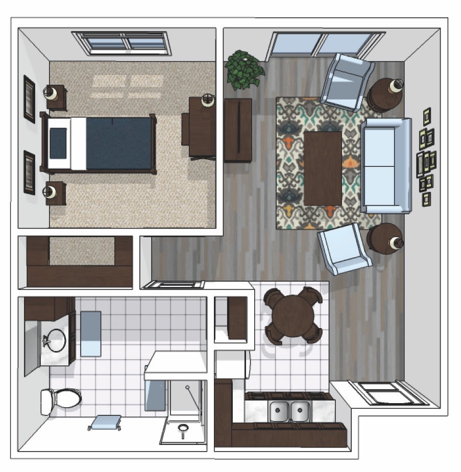 A detailed floor plan of a one-bedroom apartment with distinct living room, kitchen, and bathroom areas.