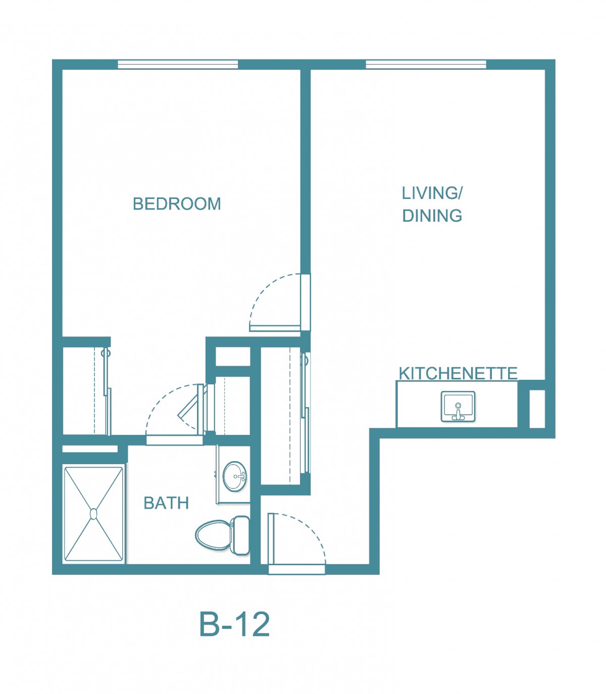 A one-bedroom apartment floor plan featuring a living/dining area, kitchen, and bathroom.