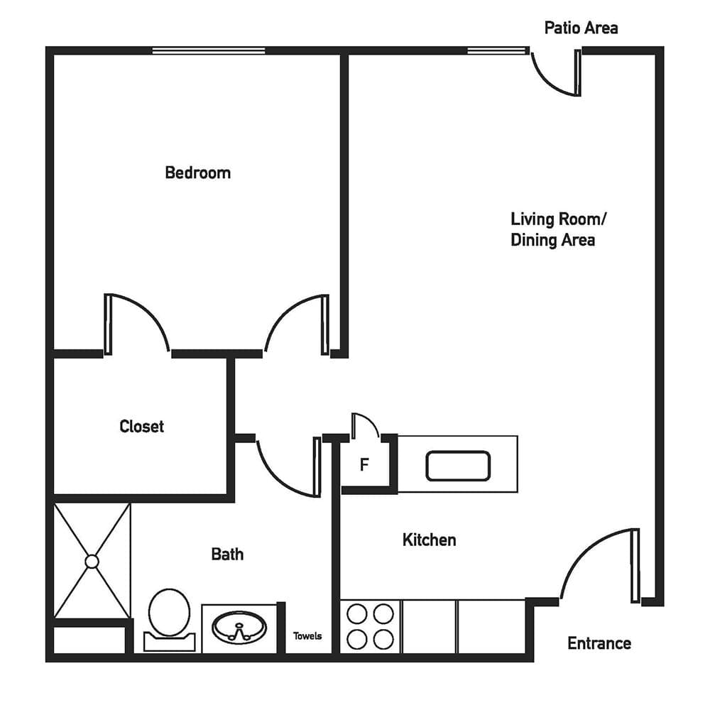 Floor plan of a one-bedroom apartment with a living room, kitchen, bathroom, and patio.