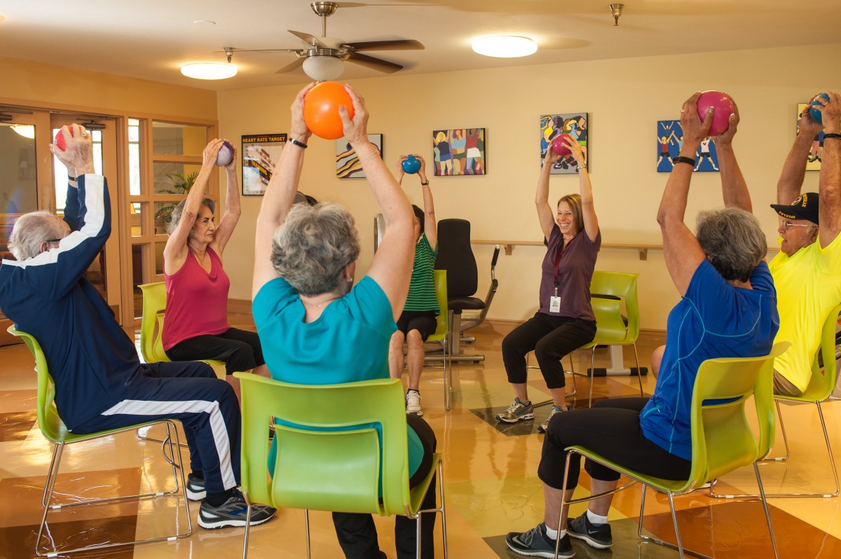 A group of seniors participating in a seated exercise class using small yoga balls.