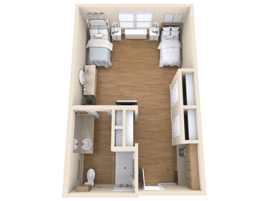 A compact floor plan showing a room with two beds and essential furniture.