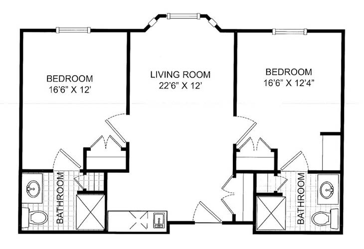 A floor plan of an apartment featuring two bedrooms, a living room, and bathrooms.