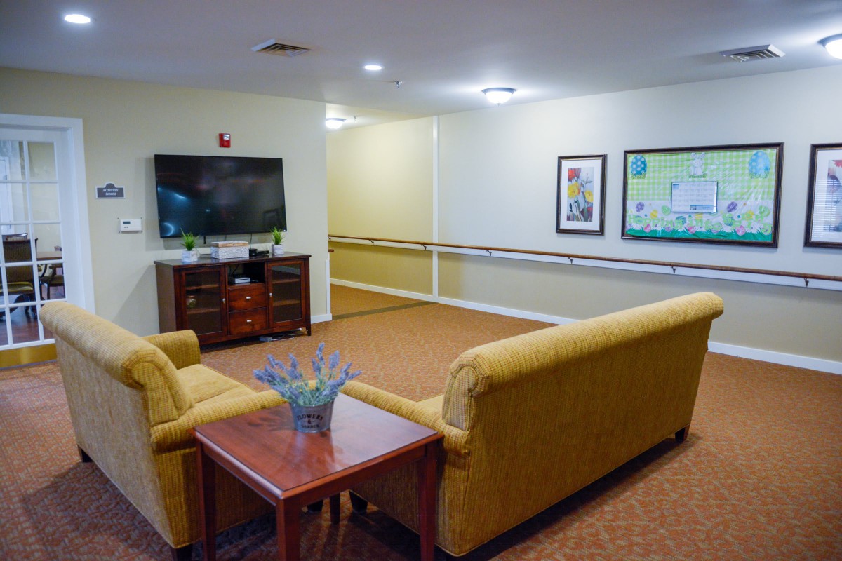 A cozy living room area with a sofa facing a television, complemented by artwork and decor.